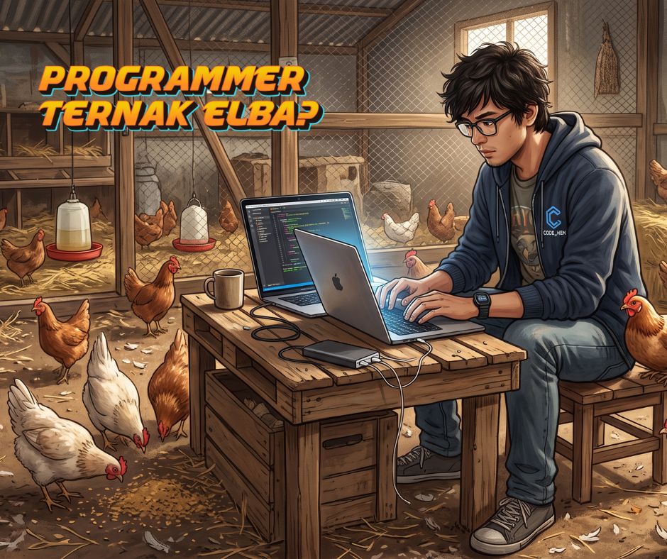 seorang IT Program sedang mengerjakan coding di tengah peternakan ayam elbanya