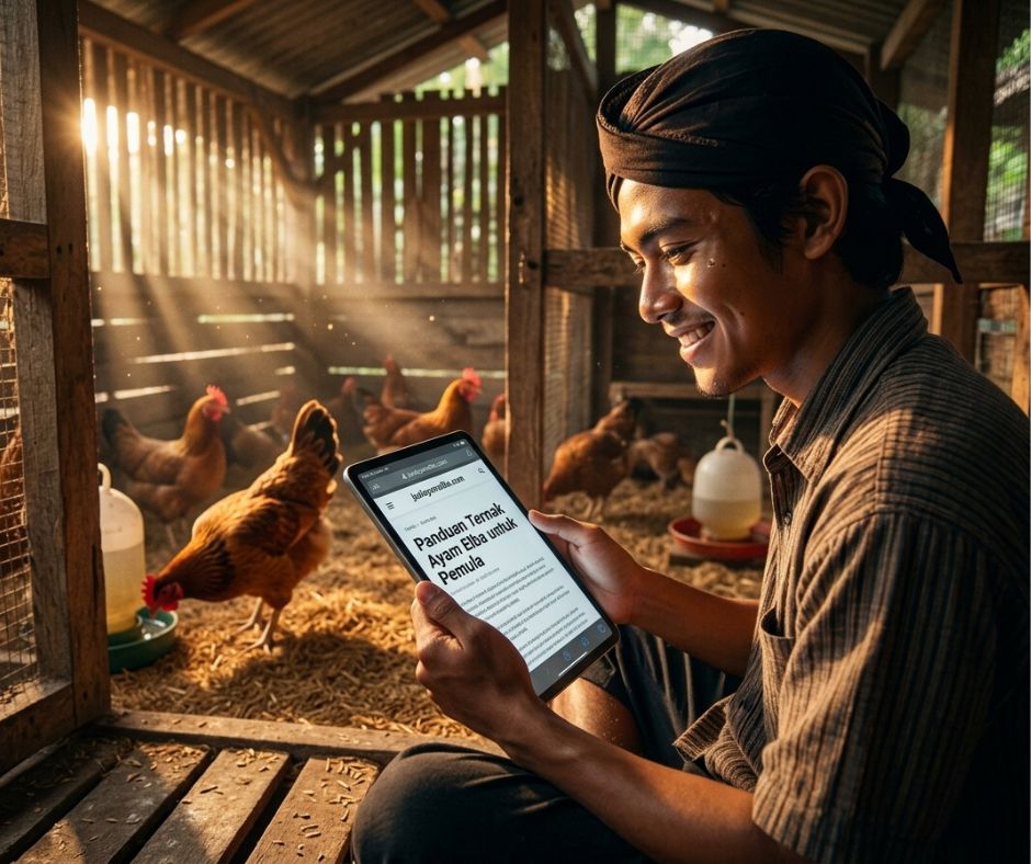 seorang peternak ayam elba sedang membaca artikel tentang panduan beternak ayam elba melalui gadgetnya