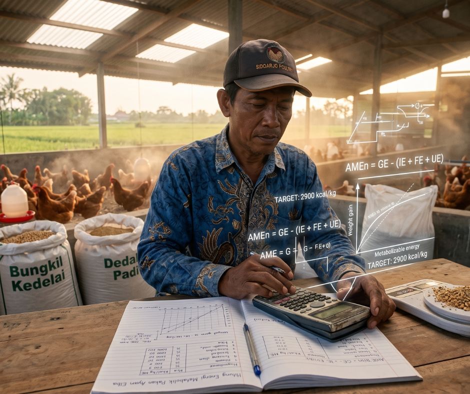 seseorang sedang menghitung energi metabolik untuk pakan ayamnya
