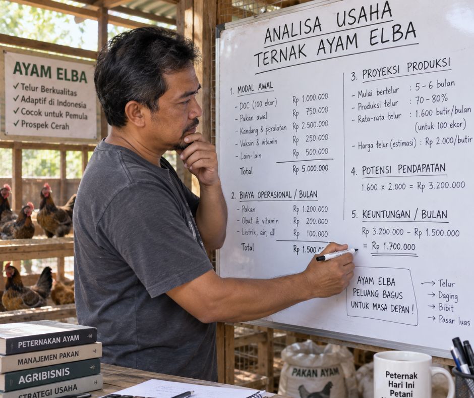 ilustrasi seorang bapak-bapak sedang menghitung analisa usaha ternak ayam elba di sebuah whiteboard